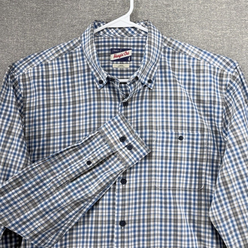 Johnnie O Hangin Out Shirt Men Size Large Plaid Blue Gray White Long Sleeve